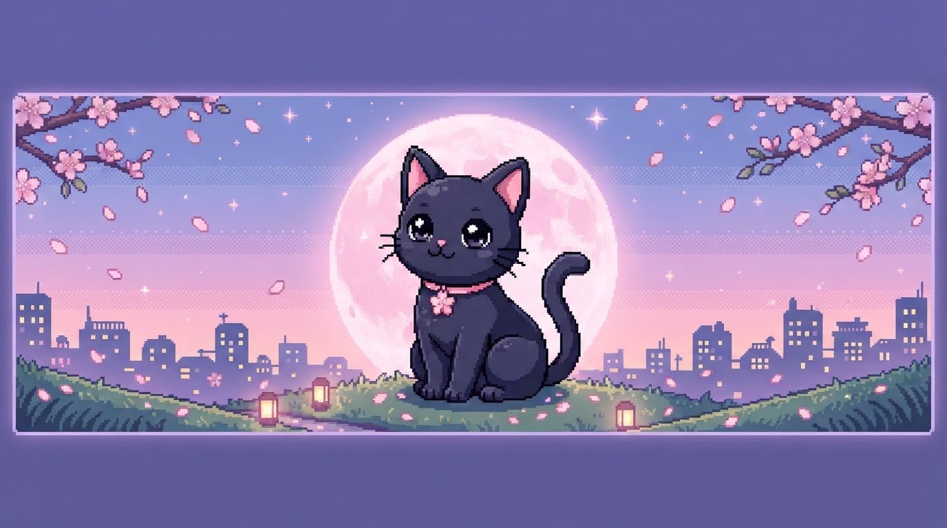 Gatinho preto da Sakura Shop na frente de uma lua cheia rosa, com pétalas de sakura